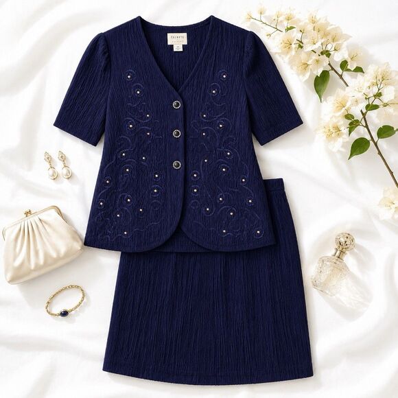 Old Navy Jackets & Blazers - Vintage Leslie Fay USA Navy Rhinestone Skirt Suit Set 8